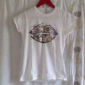 River Island White Graphic Tee Pink and Gold Lips Women's 10